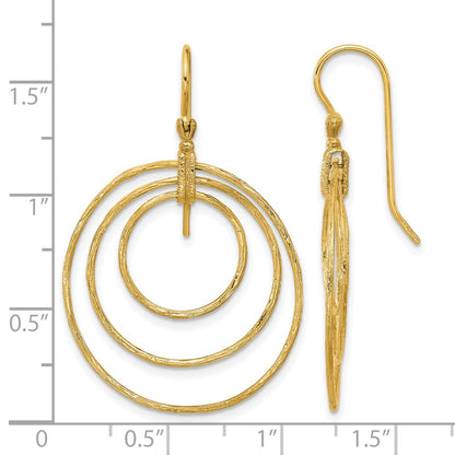 14k Yellow Gold Polished and Textured Triple Circle Shephard Hook Dangle Earrings