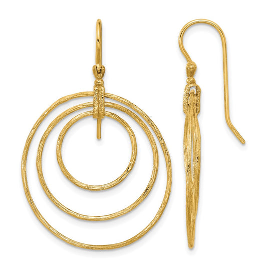 14k Yellow Gold Polished and Textured Triple Circle Shephard Hook Dangle Earrings