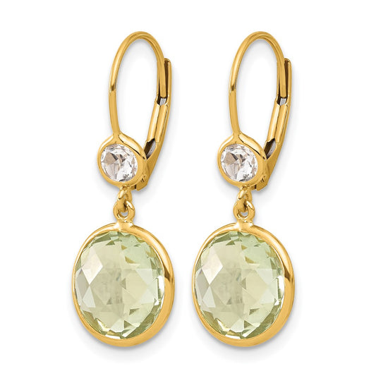 14k Yellow Gold Polished Green Quartz and White Topaz Leverback Dangle Earrings