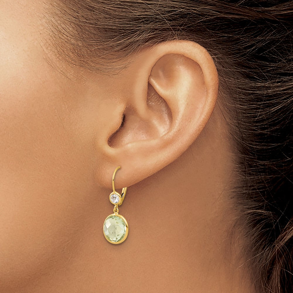 14k Yellow Gold Polished Green Quartz and White Topaz Leverback Dangle Earrings