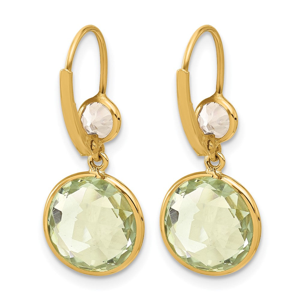 14k Yellow Gold Polished Green Quartz and White Topaz Leverback Dangle Earrings