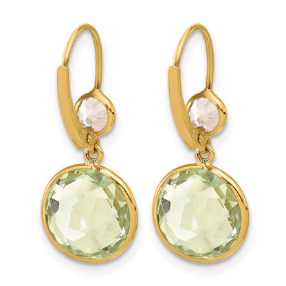 14k Yellow Gold Polished Green Quartz and White Topaz Leverback Dangle Earrings