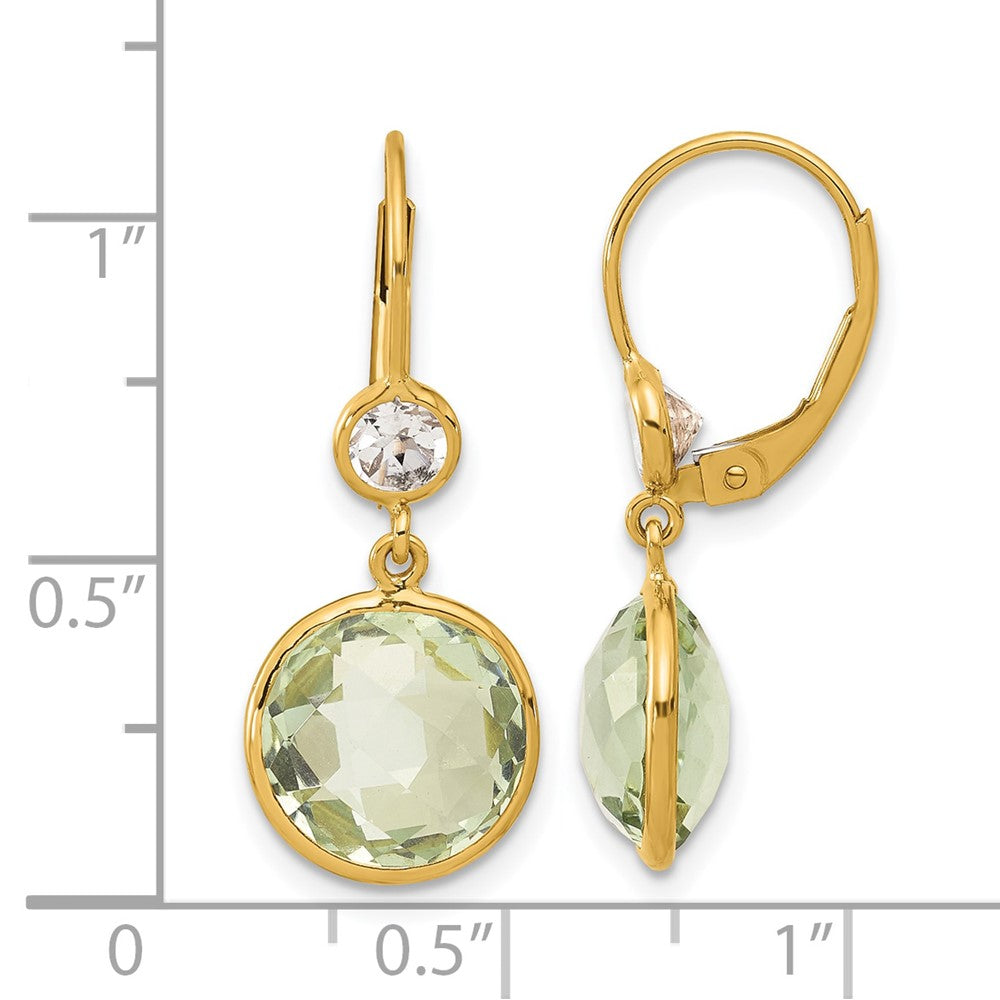 14k Yellow Gold Polished Green Quartz and White Topaz Leverback Dangle Earrings