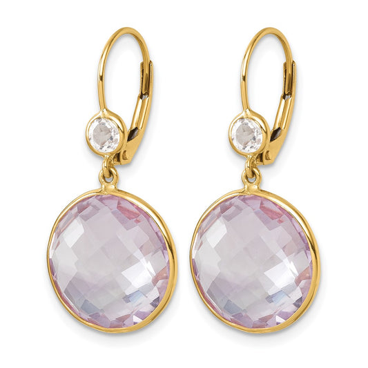 14K Yellow Gold Polished Pink Quartz and White Topaz Dangle Earrings Leverback
