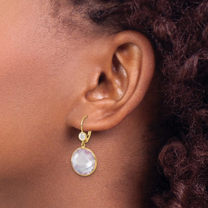14K Yellow Gold Polished Pink Quartz and White Topaz Dangle Earrings Leverback