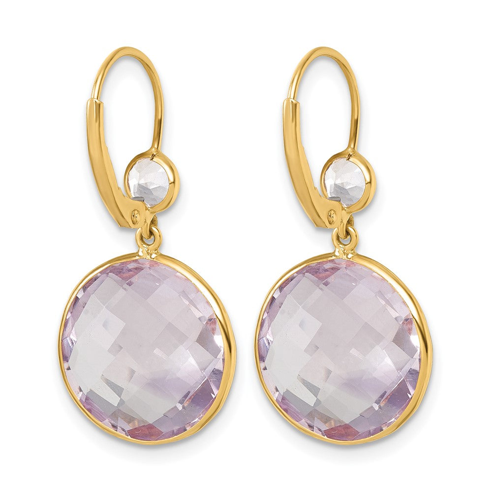 14K Yellow Gold Polished Pink Quartz and White Topaz Dangle Earrings Leverback