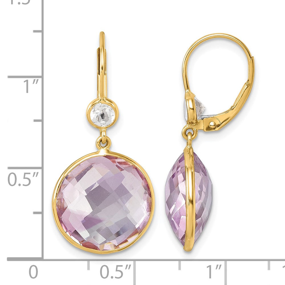 14K Yellow Gold Polished Pink Quartz and White Topaz Dangle Earrings Leverback