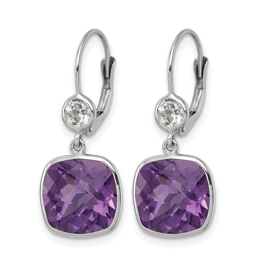 14K White Gold Rhodium-plated Polished Pink Quartz and White Topaz Leverback Dangle Earrings