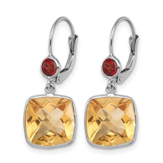 14K White Gold Rhodium-plated Polished Citrine and Garnet Dangle Earrings Leverback