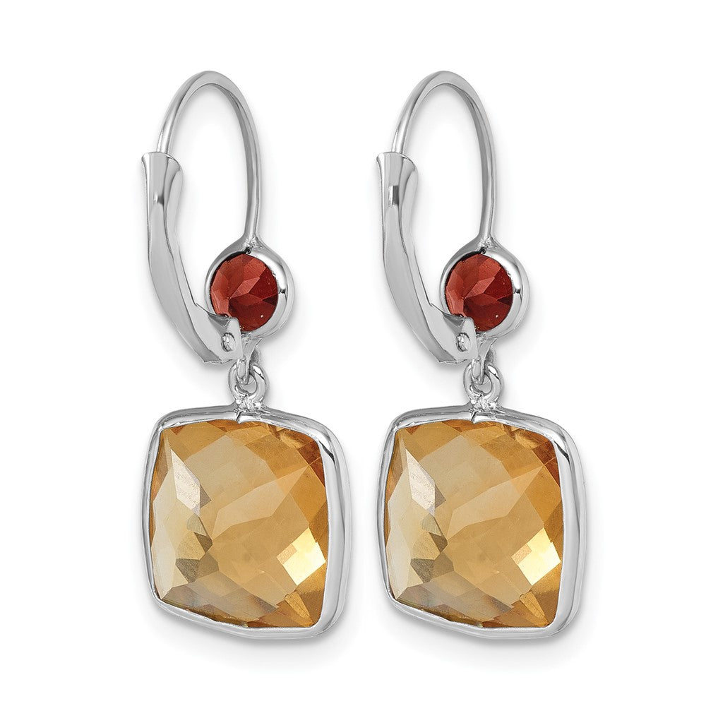 14K White Gold Rhodium-plated Polished Citrine and Garnet Dangle Earrings Leverback