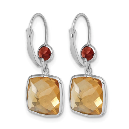 14K White Gold Rhodium-plated Polished Citrine and Garnet Dangle Earrings Leverback