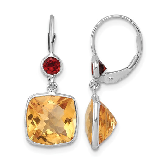 14K White Gold Rhodium-plated Polished Citrine and Garnet Dangle Earrings Leverback