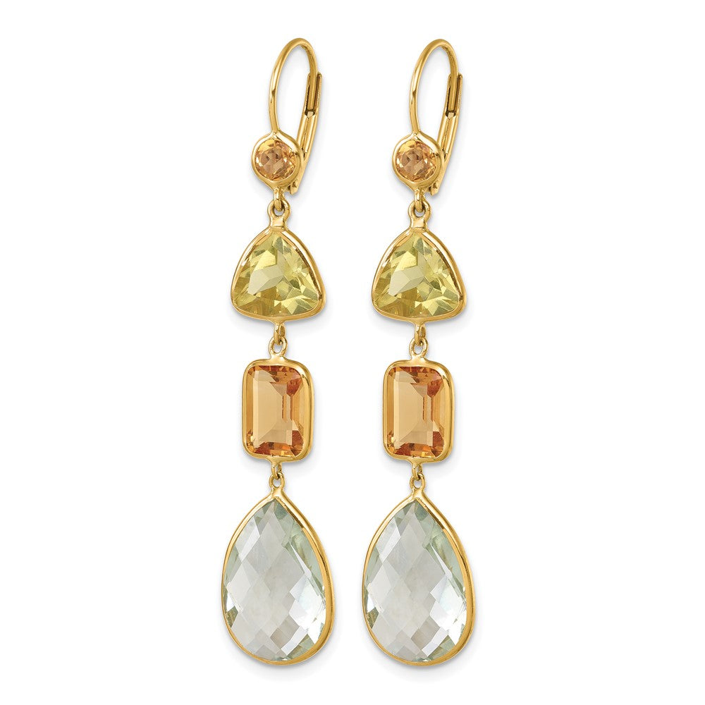 14k Yellow Gold Polished Fancy Citrine Lemon Quartz and Green Quartz Leverback Dangle Earrings