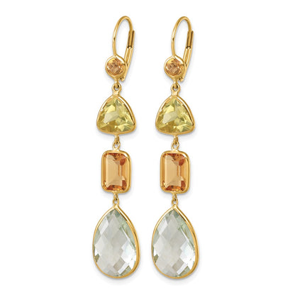 14k Yellow Gold Polished Fancy Citrine Lemon Quartz and Green Quartz Leverback Dangle Earrings