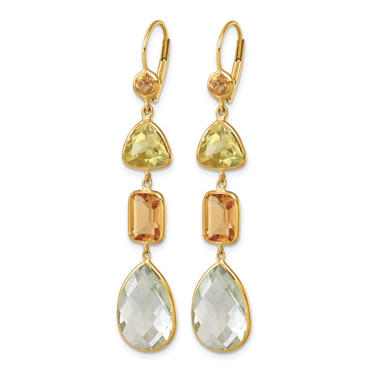 14k Yellow Gold Polished Fancy Citrine Lemon Quartz and Green Quartz Leverback Dangle Earrings