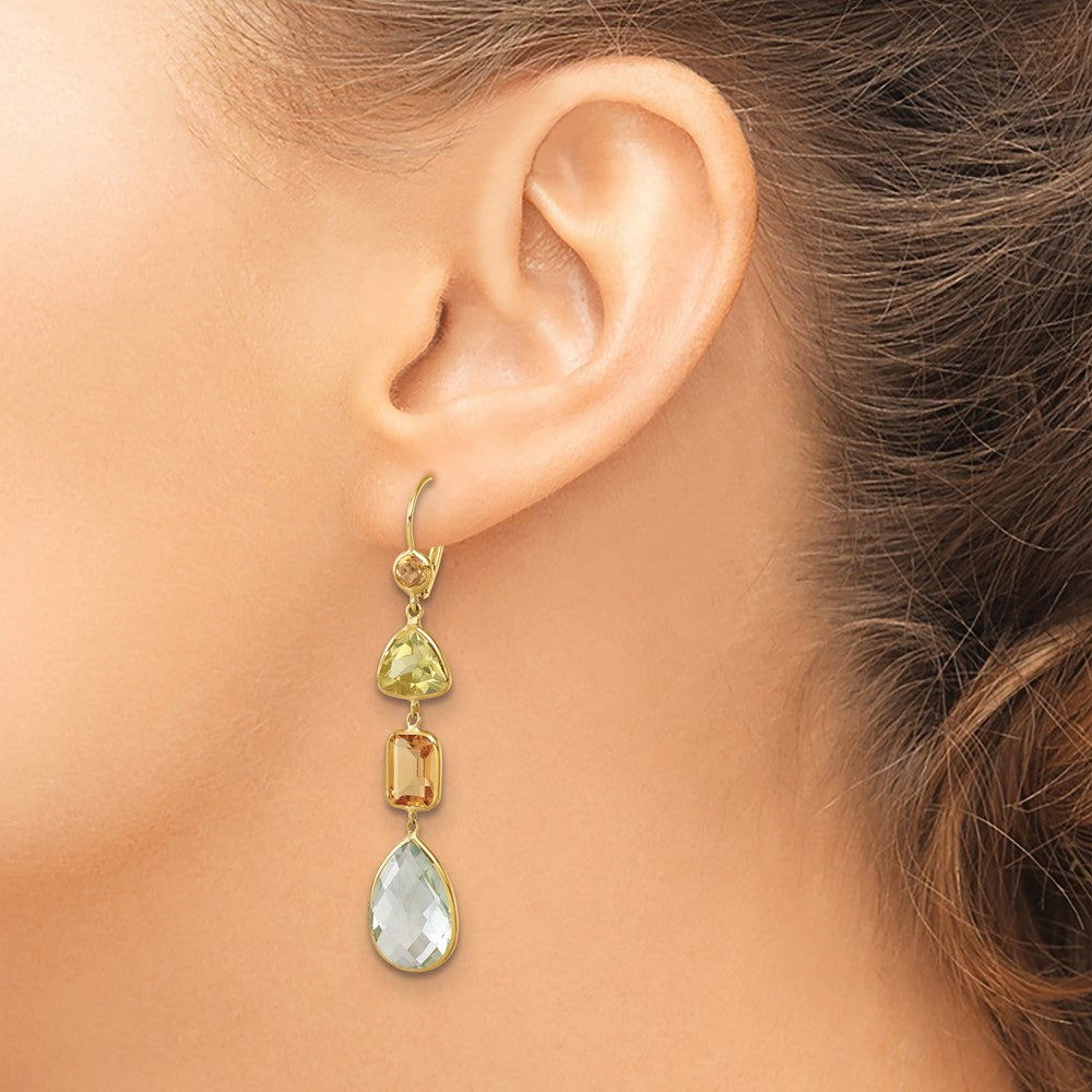 14k Yellow Gold Polished Fancy Citrine Lemon Quartz and Green Quartz Leverback Dangle Earrings