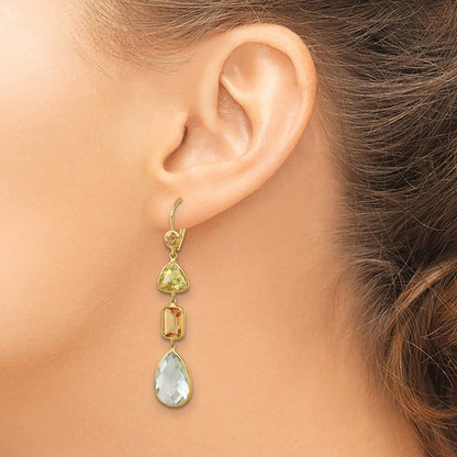 14k Yellow Gold Polished Fancy Citrine Lemon Quartz and Green Quartz Leverback Dangle Earrings