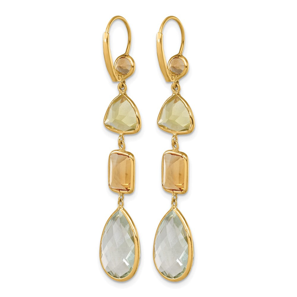 14k Yellow Gold Polished Fancy Citrine Lemon Quartz and Green Quartz Leverback Dangle Earrings