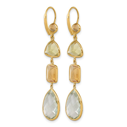 14k Yellow Gold Polished Fancy Citrine Lemon Quartz and Green Quartz Leverback Dangle Earrings