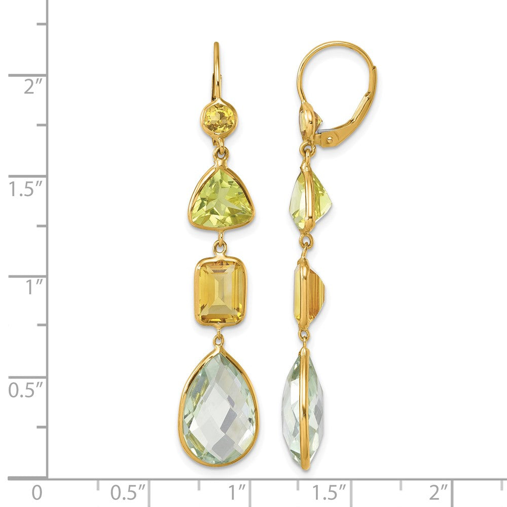 14k Yellow Gold Polished Fancy Citrine Lemon Quartz and Green Quartz Leverback Dangle Earrings