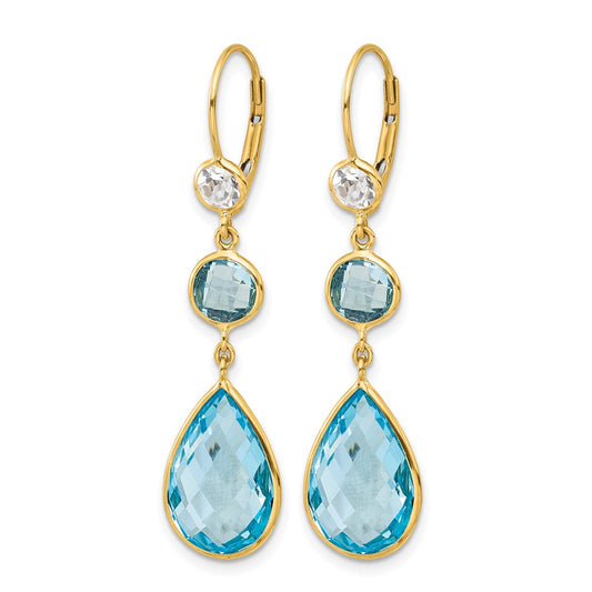 14k Yellow Gold Polished Blue and White Topaz Leverback Dangle Earrings