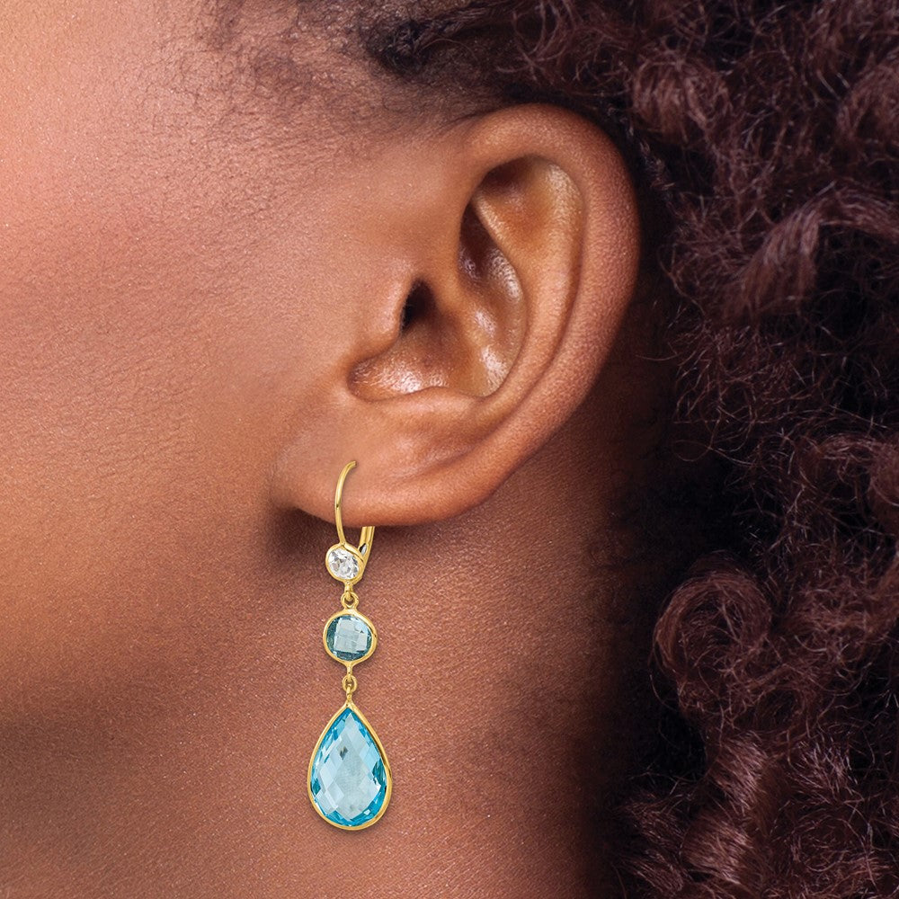 14k Yellow Gold Polished Blue and White Topaz Leverback Dangle Earrings