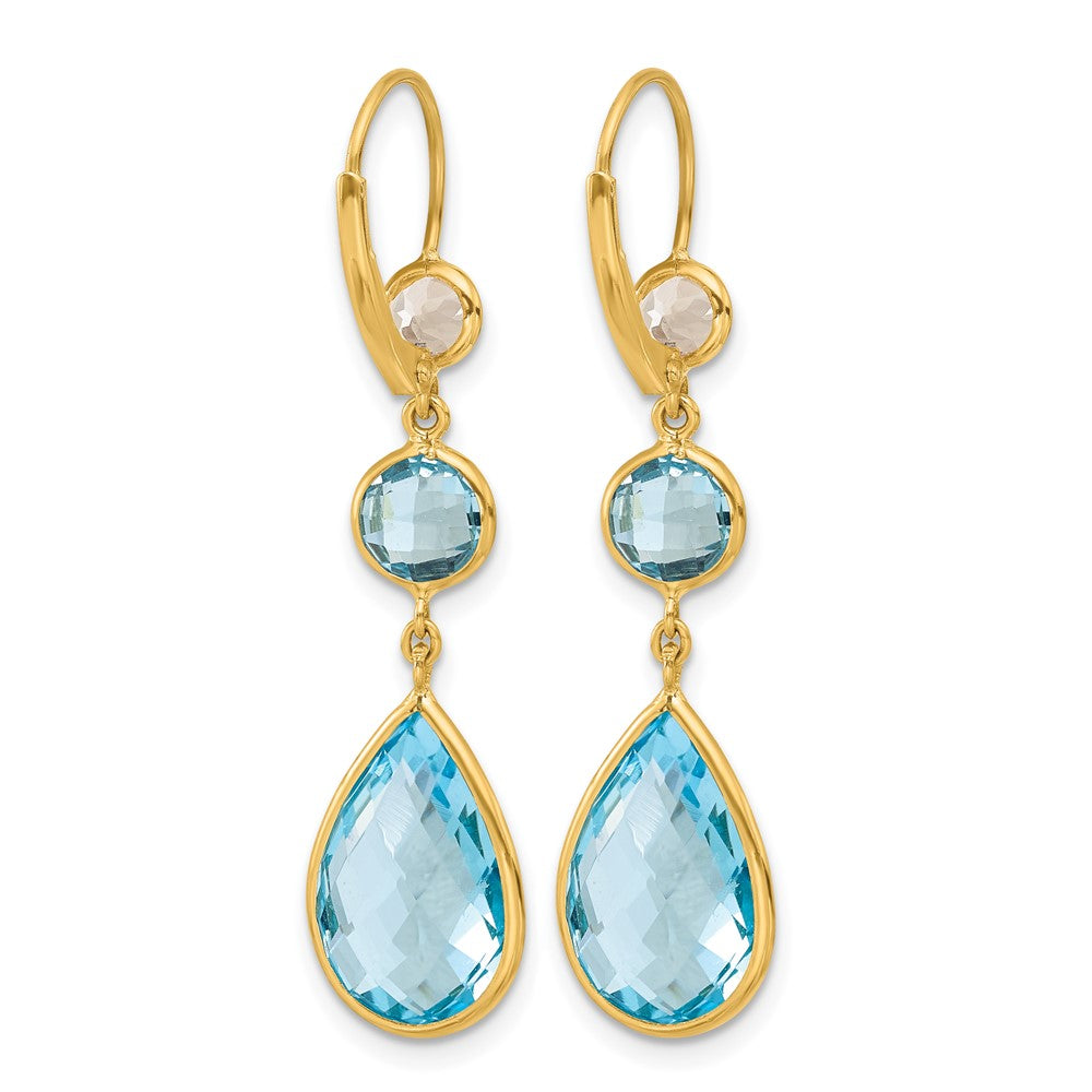 14k Yellow Gold Polished Blue and White Topaz Leverback Dangle Earrings