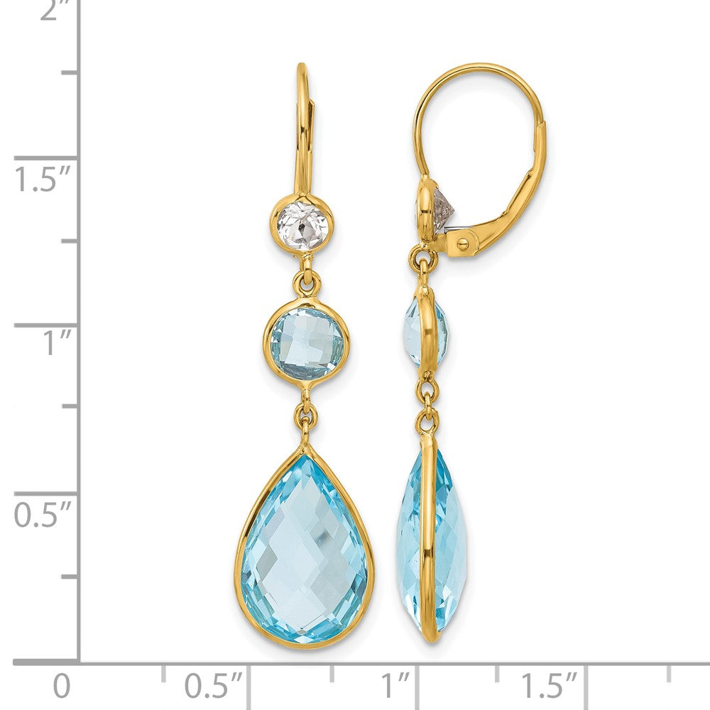 14k Yellow Gold Polished Blue and White Topaz Leverback Dangle Earrings