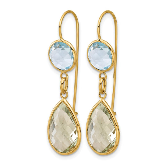 14K Yellow Gold Polished Blue Topaz and Green Quartz Dangle Earrings Leverback