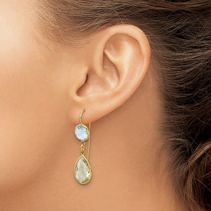 14K Yellow Gold Polished Blue Topaz and Green Quartz Dangle Earrings Leverback