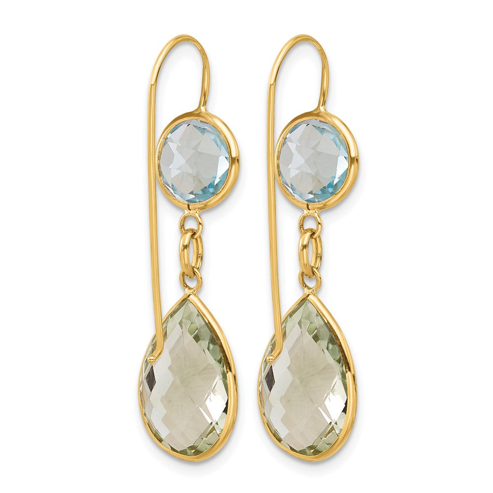 14K Yellow Gold Polished Blue Topaz and Green Quartz Dangle Earrings Leverback