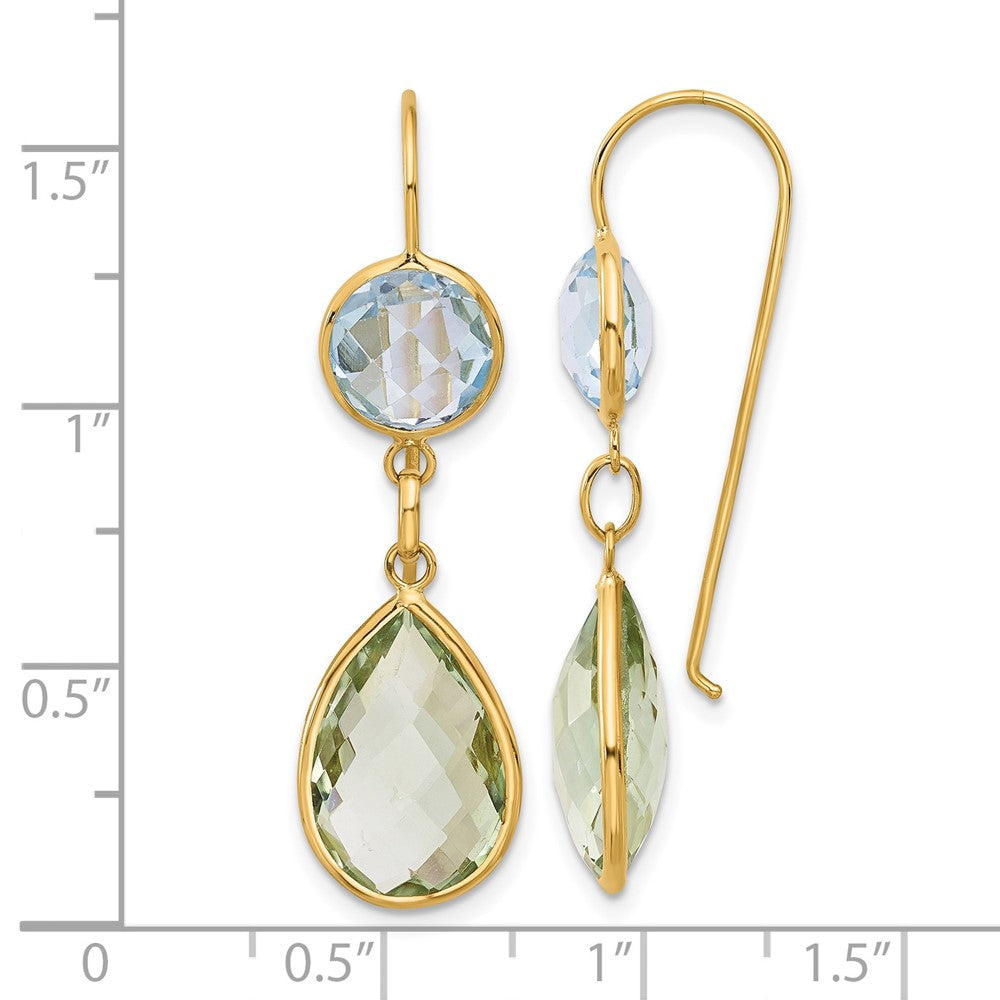 14K Yellow Gold Polished Blue Topaz and Green Quartz Dangle Earrings Leverback