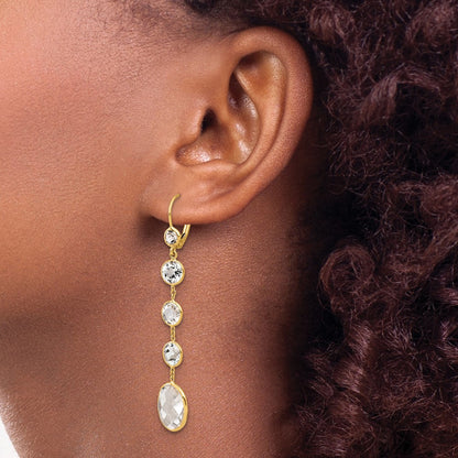 14K Yellow Gold Polished Crystal and White Topaz Dangle Earrings Leverback