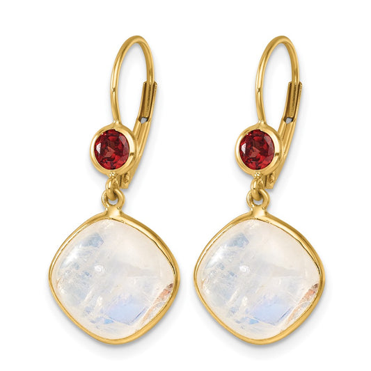 14K Yellow Gold Polished Moonstone and Garnet Topaz Dangle Earrings Leverback