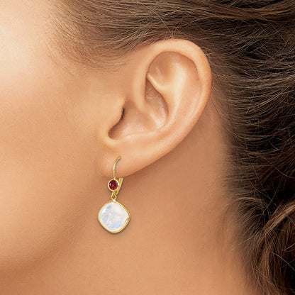 14K Yellow Gold Polished Moonstone and Garnet Topaz Dangle Earrings Leverback