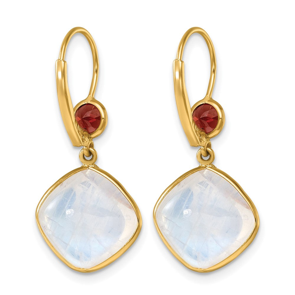 14K Yellow Gold Polished Moonstone and Garnet Topaz Dangle Earrings Leverback