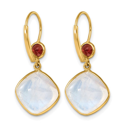 14K Yellow Gold Polished Moonstone and Garnet Topaz Dangle Earrings Leverback
