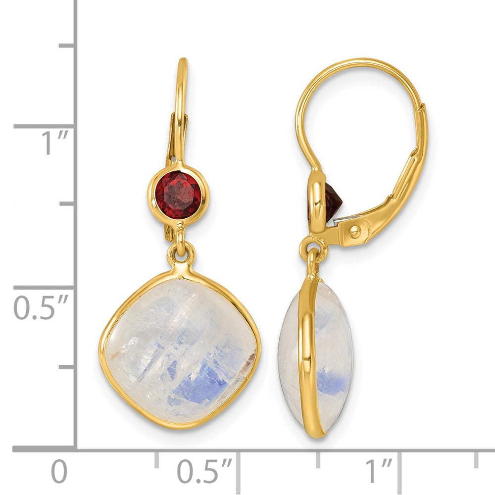 14K Yellow Gold Polished Moonstone and Garnet Topaz Dangle Earrings Leverback
