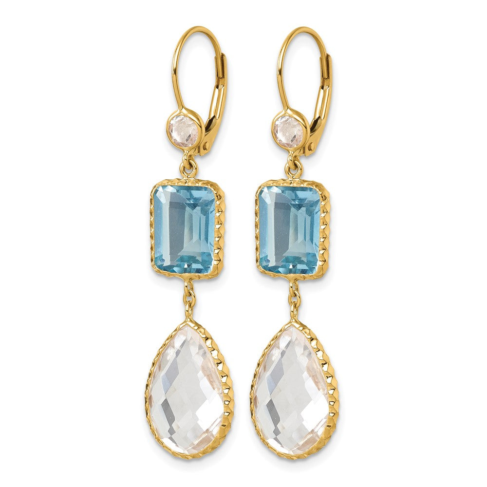 14K Polished and Textured Blue and White Topaz with Crystal Dangle Earrings Leverback