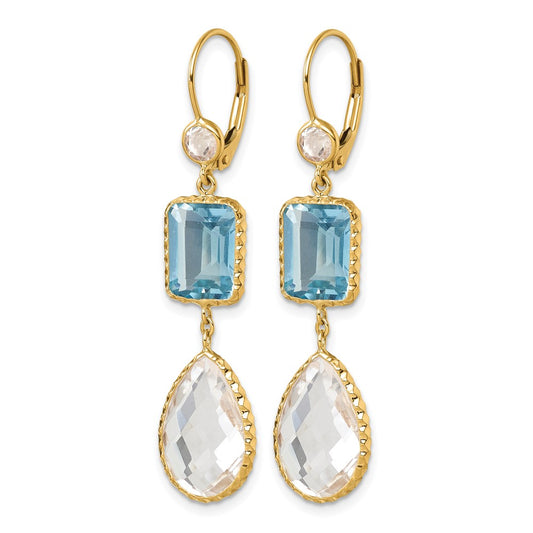 14K Polished and Textured Blue and White Topaz with Crystal Dangle Earrings Leverback