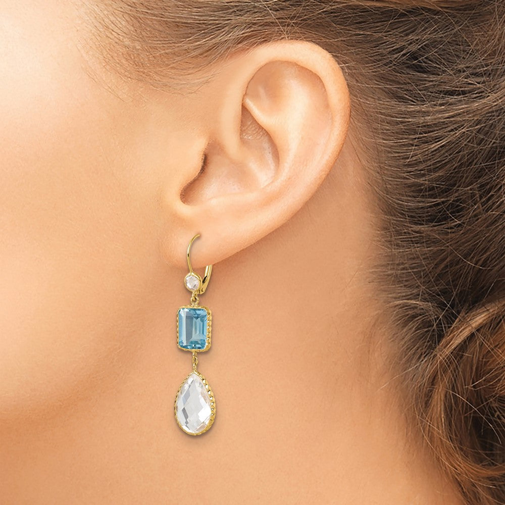 14K Polished and Textured Blue and White Topaz with Crystal Dangle Earrings Leverback