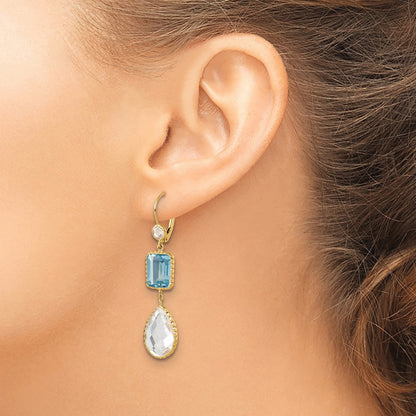 14K Polished and Textured Blue and White Topaz with Crystal Dangle Earrings Leverback