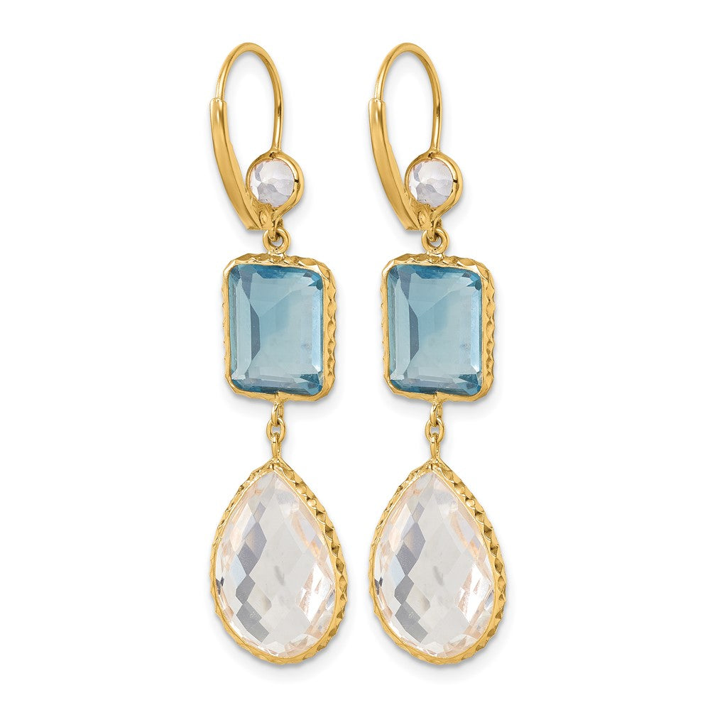 14K Polished and Textured Blue and White Topaz with Crystal Dangle Earrings Leverback
