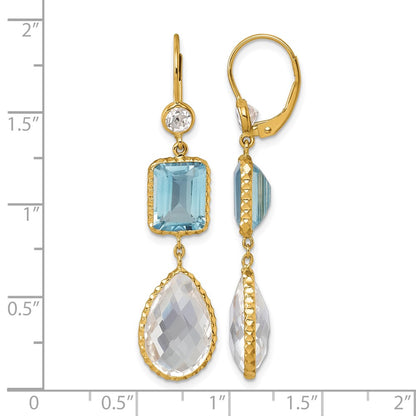 14K Polished and Textured Blue and White Topaz with Crystal Dangle Earrings Leverback