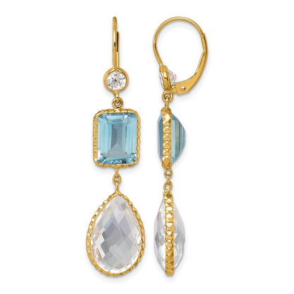 14K Polished and Textured Blue and White Topaz with Crystal Dangle Earrings Leverback