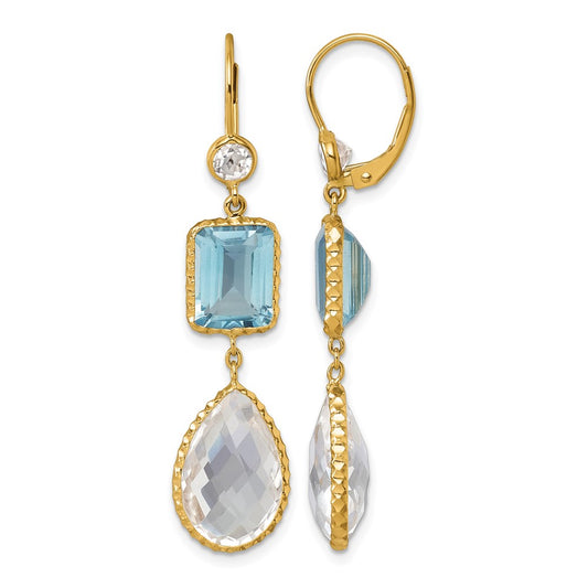 14K Polished and Textured Blue and White Topaz with Crystal Dangle Earrings Leverback