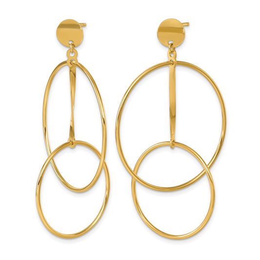 18k Yellow Gold Polished Double Circle with Bar Post Dangle Earrings