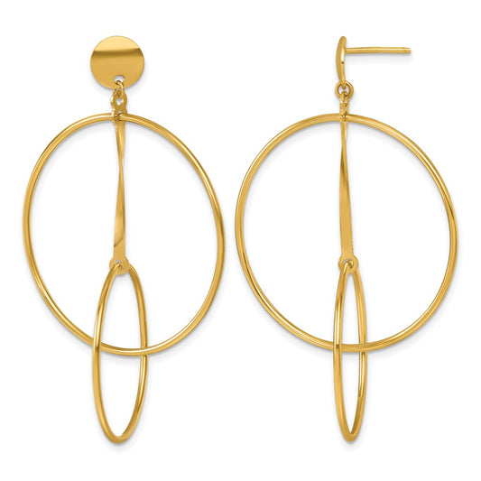 18k Yellow Gold Polished Double Circle with Bar Post Dangle Earrings