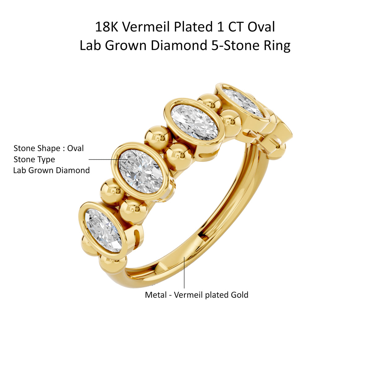 14k Yellow Gold or 18K Gold Vermeil 1 Ct Oval Lab Grown Diamond 5-Stone Ring Size 7