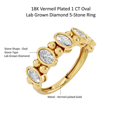 14k Yellow Gold or 18K Gold Vermeil 1 Ct Oval Lab Grown Diamond 5-Stone Ring Size 7